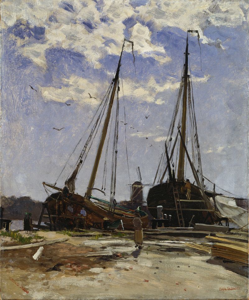 Study for Dordrecht Harbour, watercolor on paper by Carl Skånberg depicting boats on water
