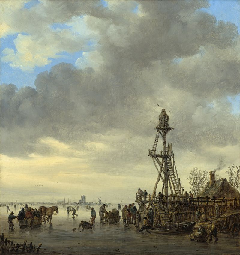 Ice Scene near a Wooden Observation Tower de Jan van Goyen, pintura a óleo com patinadores no gelo