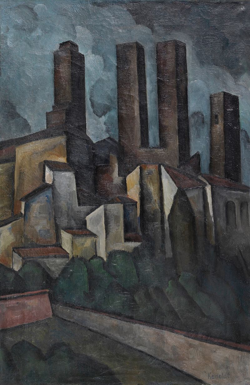 Landscape of San Gimignano by Alexander Kanoldt, oil painting featuring towers and light.