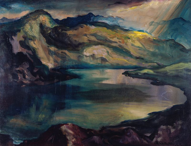 Bergsee by Richard Harlfinger, oil on canvas depicting a tranquil lake and mountains.