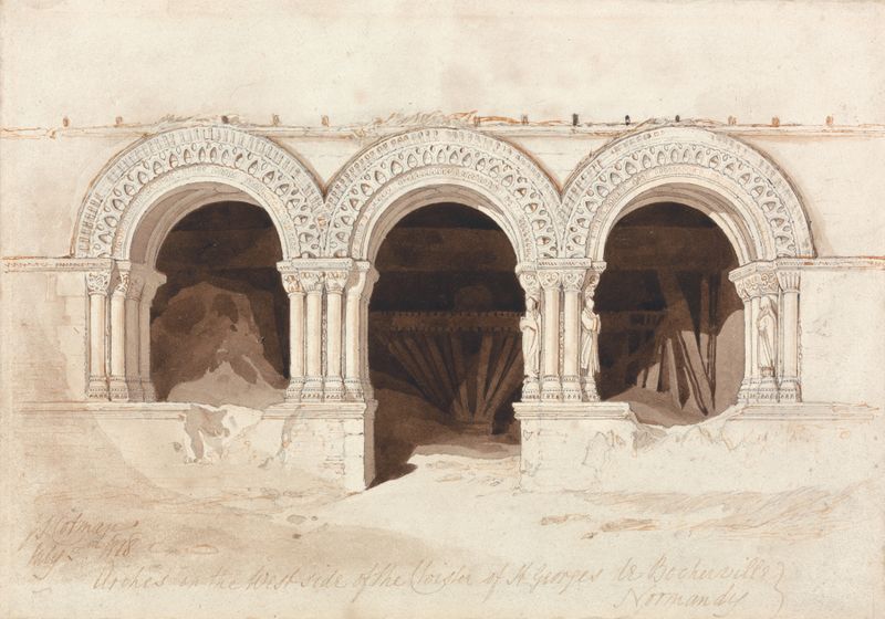Arcos no lado oeste do claustro de Saint. Georges de Bocherville, aquarela de John Sell Cotman
