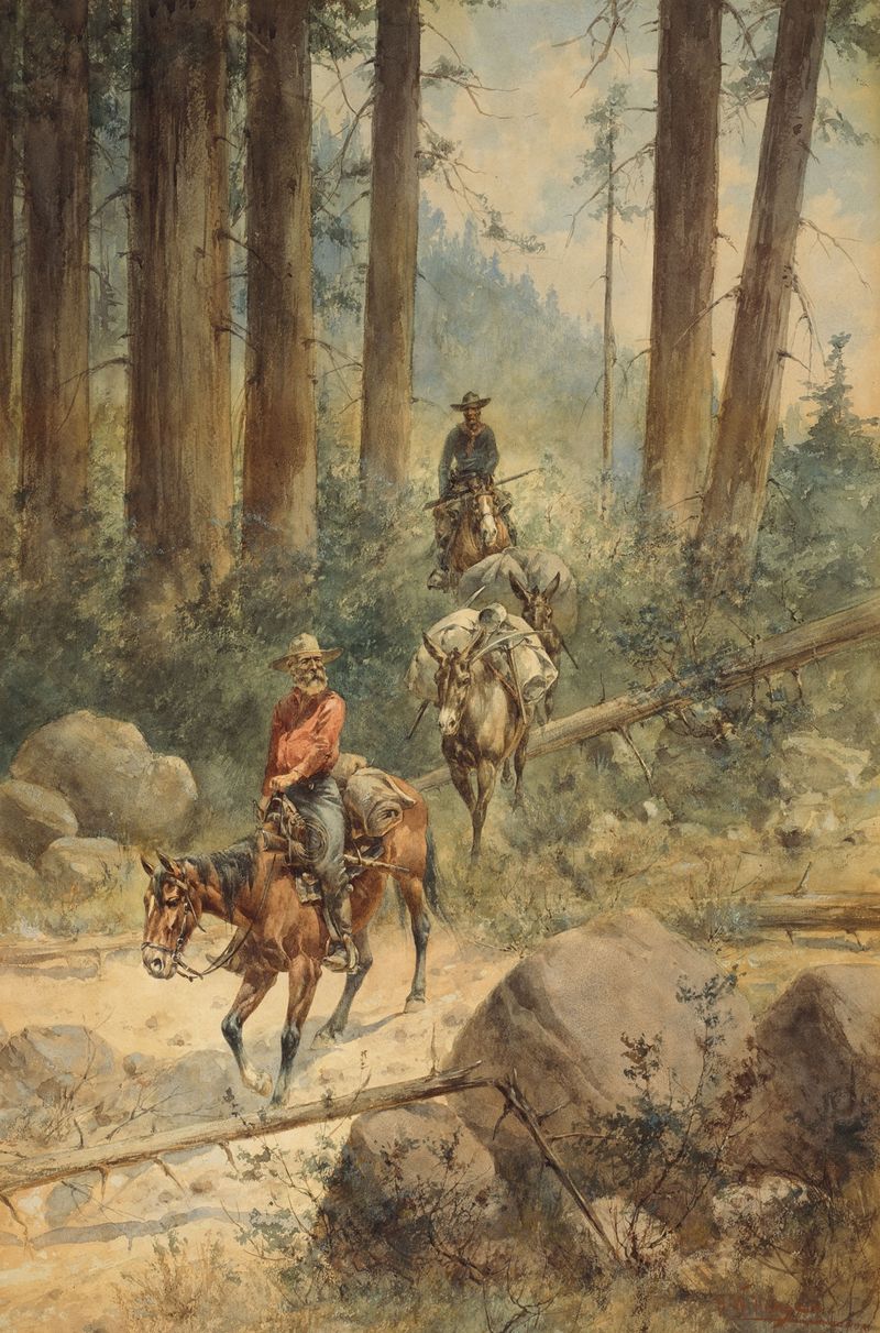 Pack Train de Herman Wendelborg Hansen, que representa animales de carga en un paisaje tranquilo, estilo realismo.