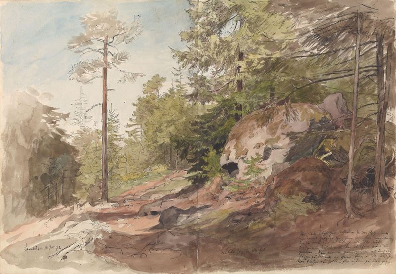 Interior de bosque con luz filtrándose a través de los árboles, óleo sobre lienzo de Hans Gude
