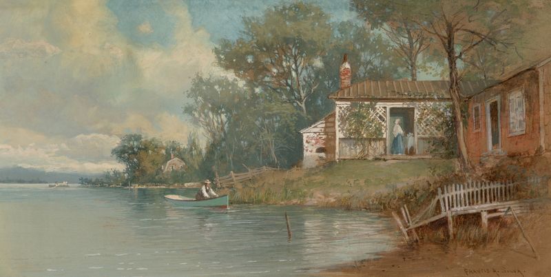 Lakeside Cottage by Francis Augustus Silva, oil painting of a cottage by a lake.