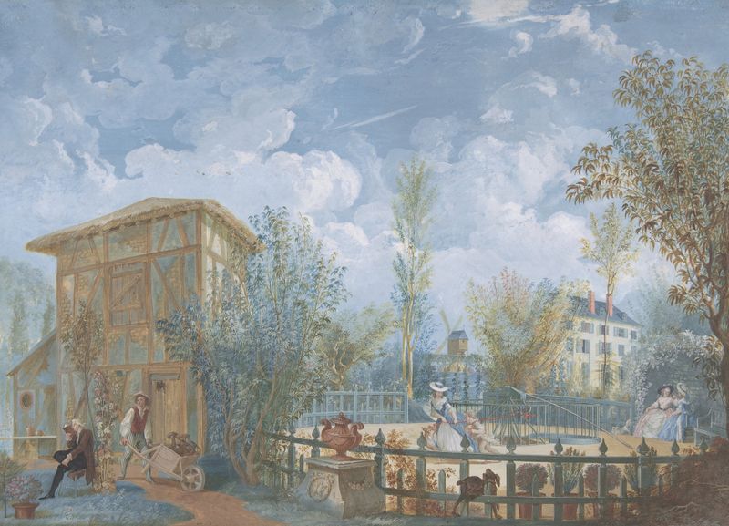 Figuras en un Jardín de Jean Démosthène Dugourc, óleo que muestra figuras en un jardín exuberante.