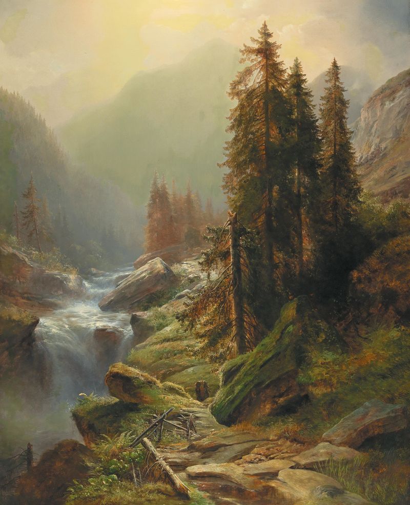 Large Mountain Landscape by Albert Zimmermann, oil on canvas depicting rugged mountains and a dramatic sky.