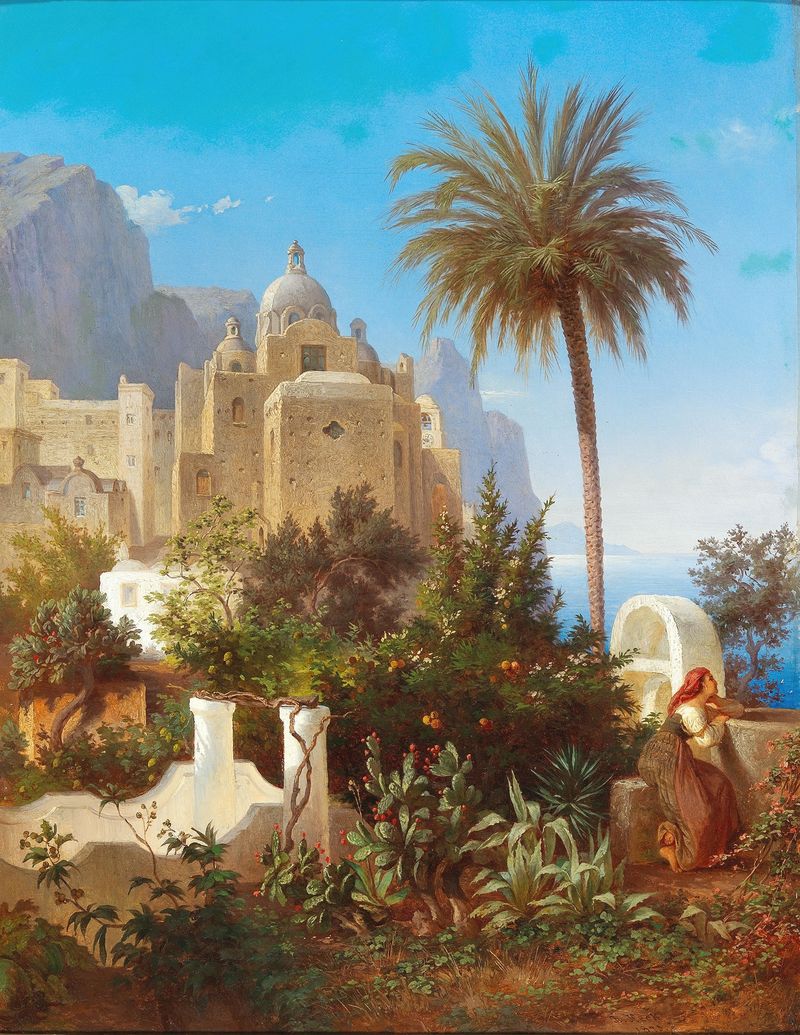 Capri, Chiesa San Stefano de Wilhelm Emil Robert Heck, pintura a óleo de uma igreja com luz e sombras.