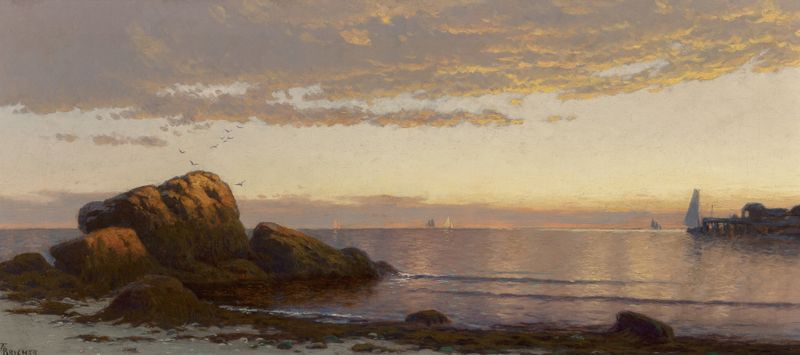 Coastal sunset oil painting by Alfred Thompson Bricher with reflections on water.
