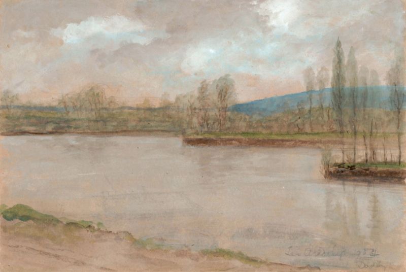 Les Andelys, Normandia óleo de Enrico Canziani retratando uma vila ao lado do rio