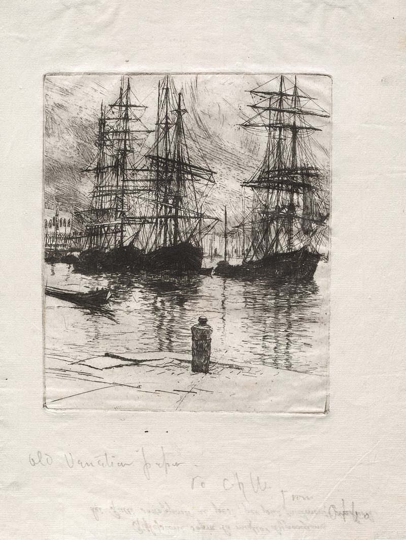 Acuarela de Otto Henry Bacher que representa tres barcos en una escena serena de Venecia.