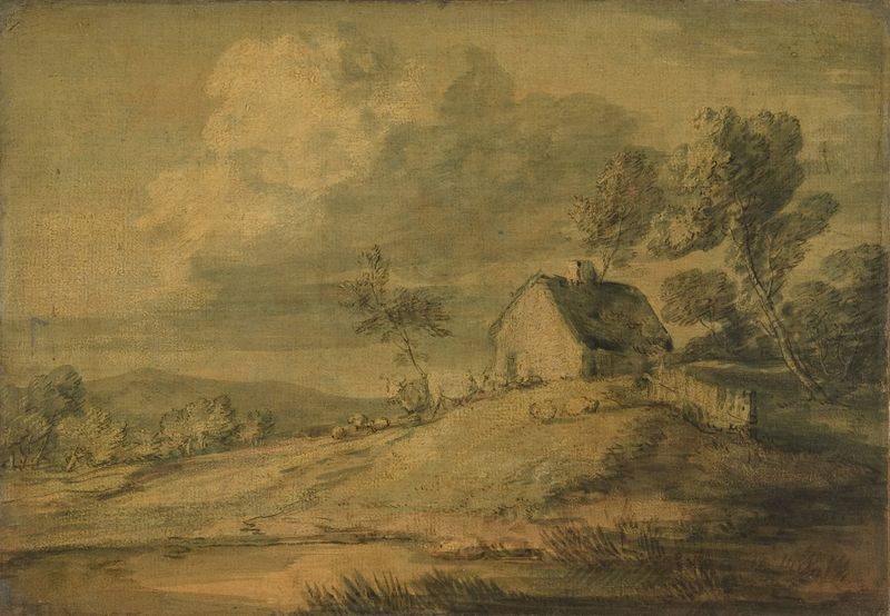 Paisagem arborizada com chalé, vacas e ovelhas de Thomas Gainsborough, óleo