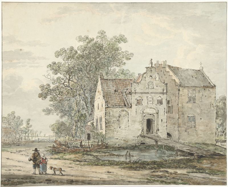Kasteel IJzendoorn in de Betuwe, pintura al óleo de Jacob van Strij, que representa un castillo rodeado de naturaleza.