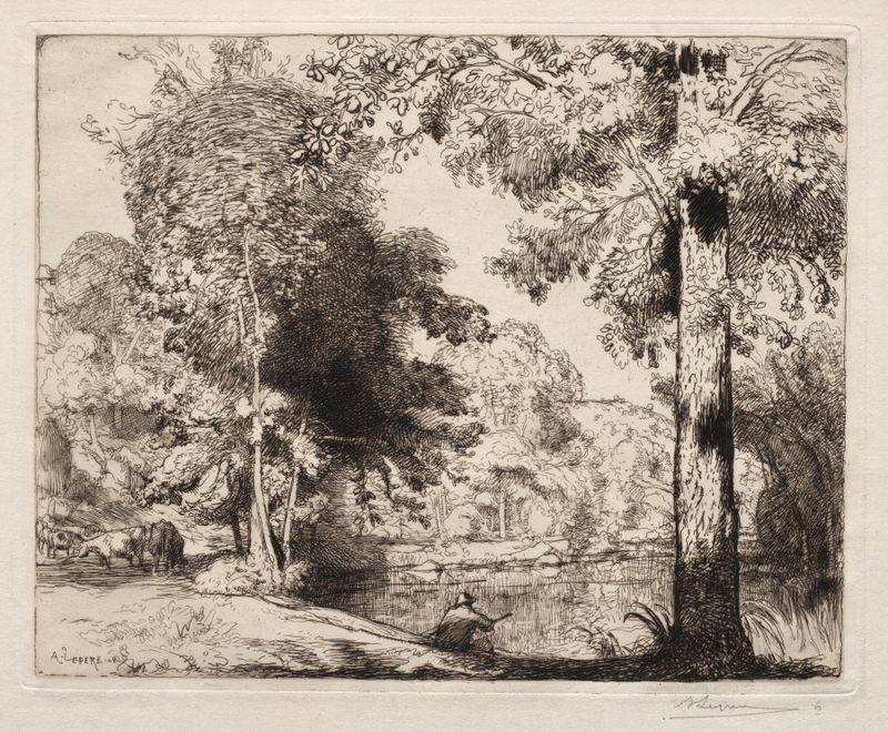 Paisagem com árvores e horizonte de Auguste Louis Lepère, pintura a óleo