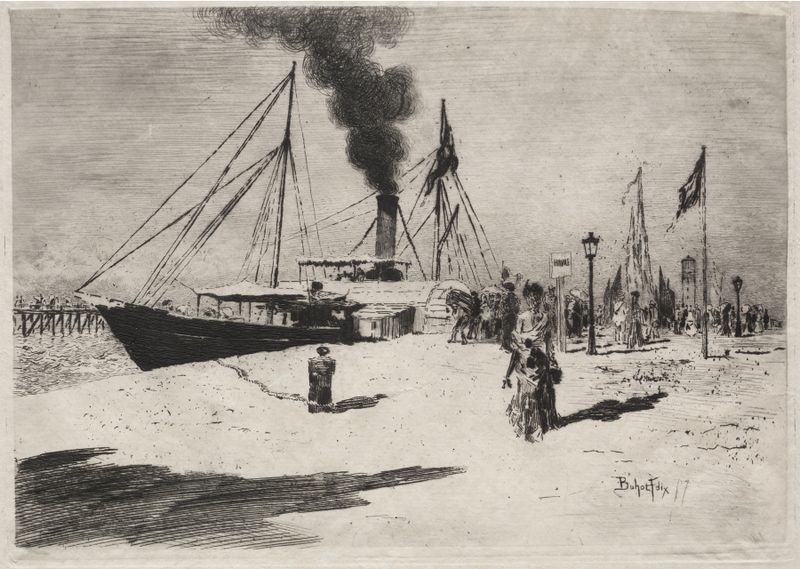 Cena marinha com barcos em um porto, óleo de Félix Hilaire Buhot