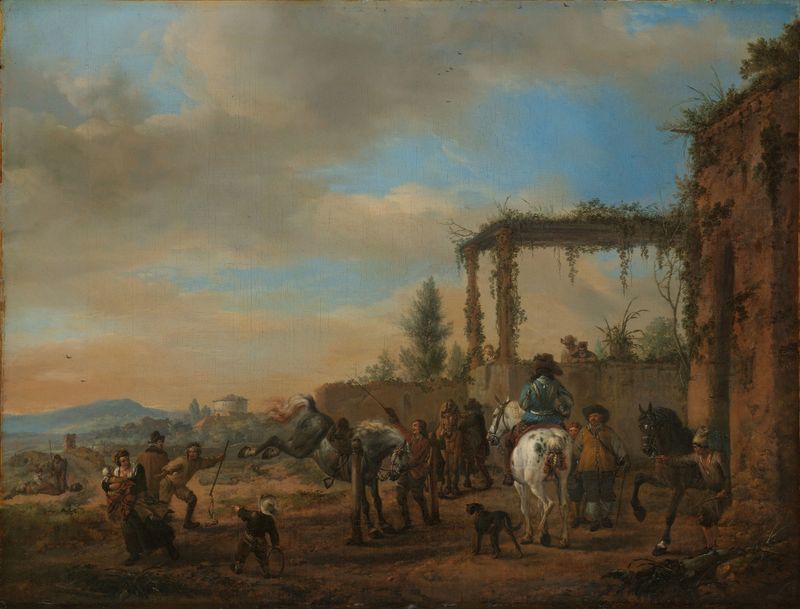 The Riding School, oil on canvas by Philips Wouwerman, depicting riders and horses in a sunlit courtyard.