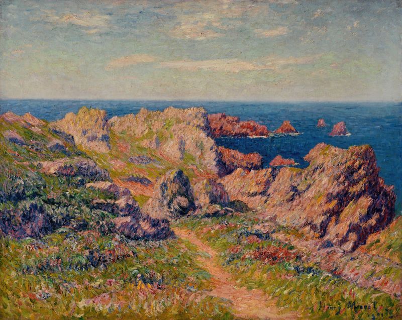 Marine scene with coastline and waves, oil painting by Henry Moret