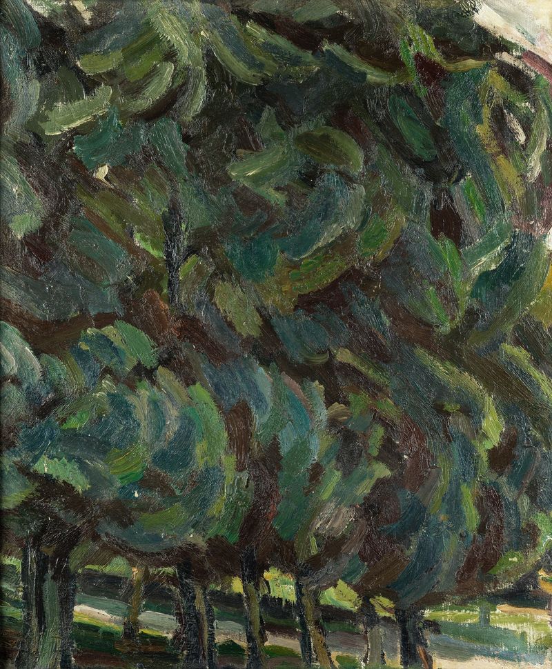 Les grands arbres de Maurice Loutreuil, óleo sobre lienzo que representa árboles abstractos en verdes y azules profundos.