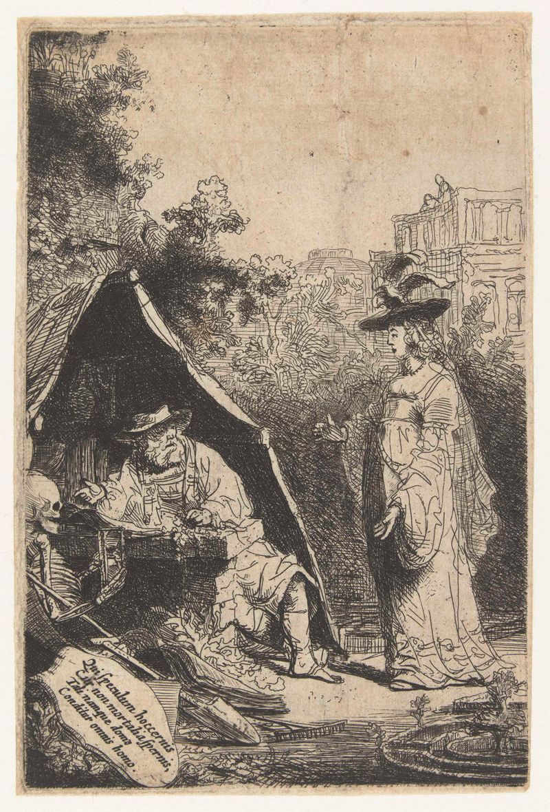 Grabado Uur van de Dood de Ferdinand Bol que representa a la Muerte y una mujer