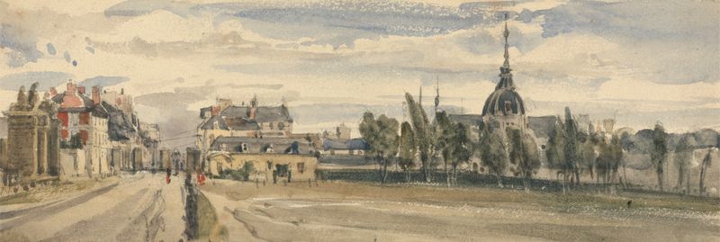 Versailles de William Callow, pintura a óleo que retrata um jardim exuberante e um palácio sob luz dourada.