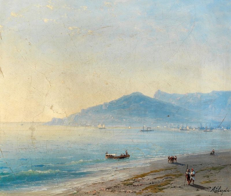 Marine scene depicting The Bay of Yalta with mountains by Ivan Aivazovsky, oil painting