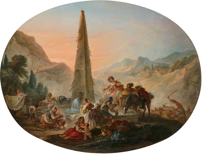 Cena de gênero com figuras perto de uma fonte, pintura a óleo de François Guérin