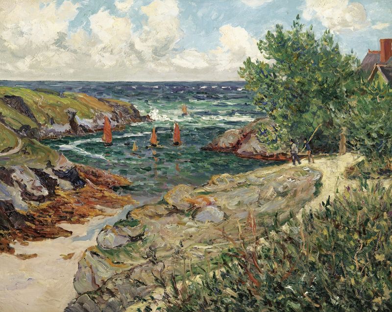Le Port De Goulphar de Maxime Maufra, pintura al óleo que representa un puerto con barcos y acantilados