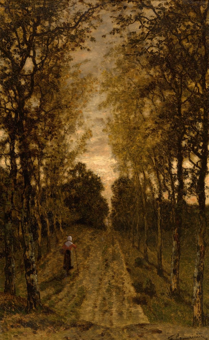 Paisagem com um caminho sinuoso, árvores e luz, de Jean Pierre François Lamorinière