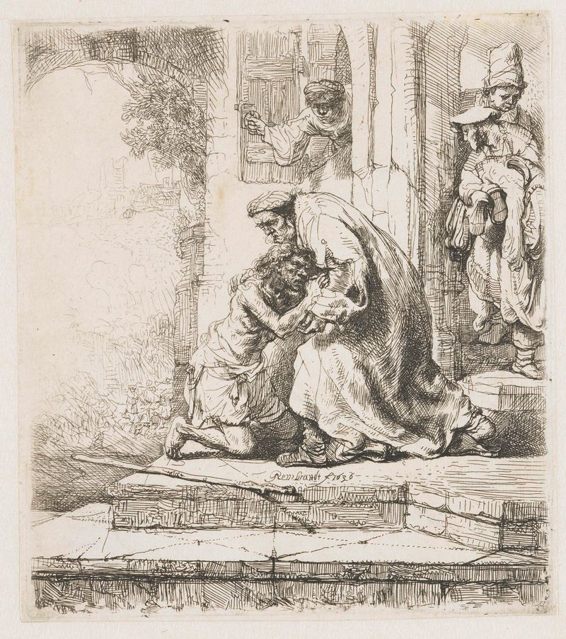 Grabado de Rembrandt van Rijn que muestra a un padre abrazando a su hijo