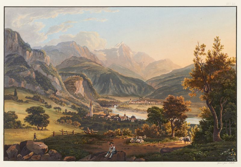 Paisaje óleo de Johann Ludwig Bleuler con colinas y una cordillera distante.