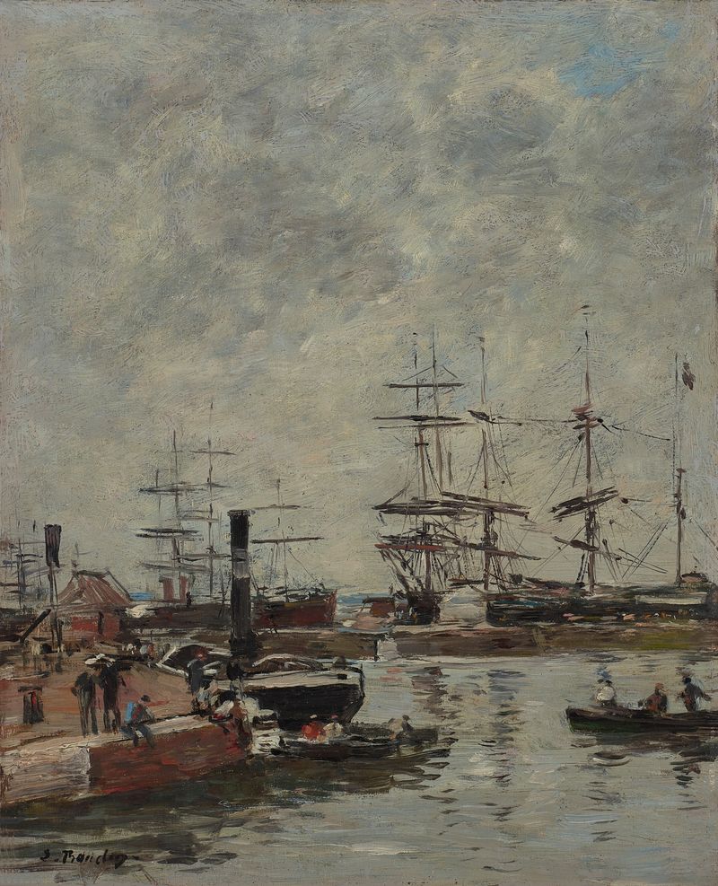 Marine scene with boats at dawn, oil painting by Eugène Boudin