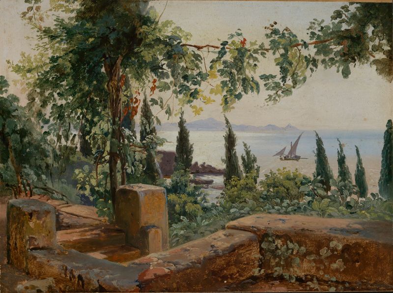 Oil painting by Johann Baptist Kirner depicting hills and sea.