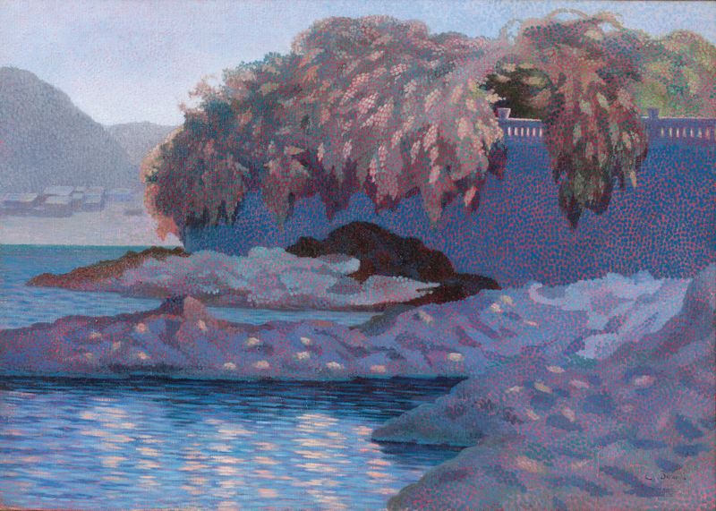A Lake at Dusk by Alberto Bonomi, oil painting depicting a serene lake at twilight.