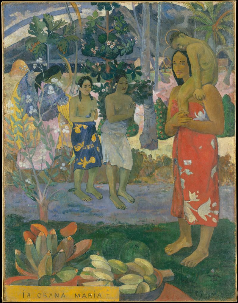 Ia Orana Maria de Paul Gauguin, óleo sobre tela que retrata a Madonna com cores tropicais
