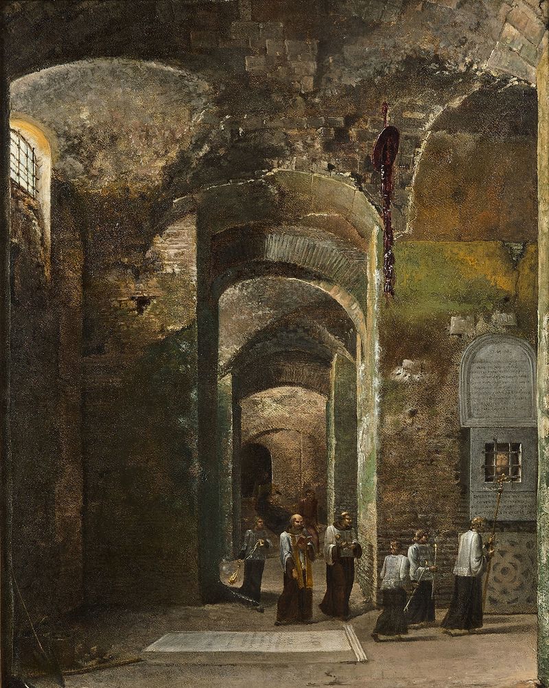Cloaked figures in a crypt illuminated by candles, François-Marius Granet, oil painting