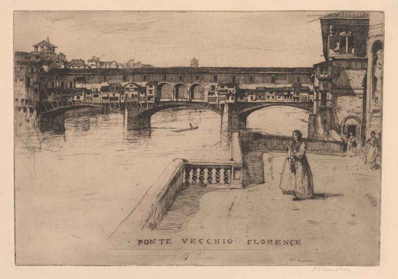 Ponte Vecchio by David Young Cameron, Impressionist landscape, depicting a bridge over the Arno River