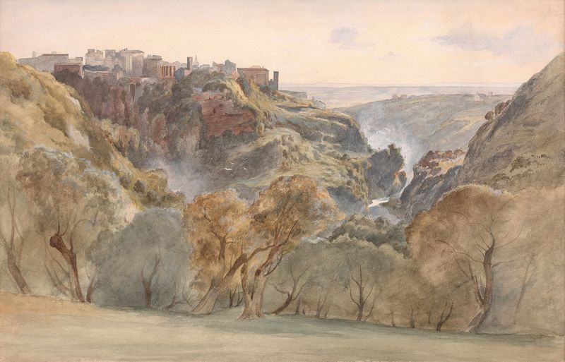 Les cascatelles de Tivoli by Jean-Achille Benouville, oil painting depicting a serene waterfall landscape
