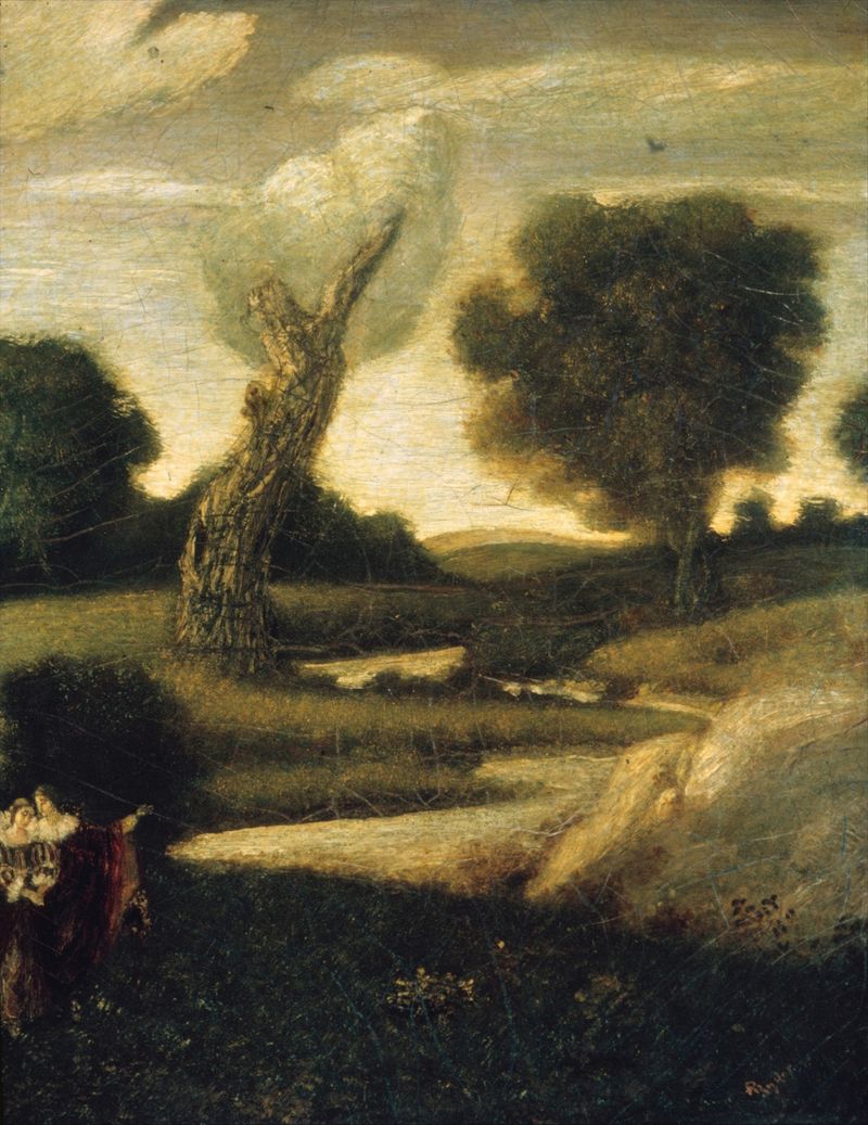 El Bosque de Arden de Albert Pinkham Ryder, óleo sobre lienzo que representa un paisaje forestal sereno