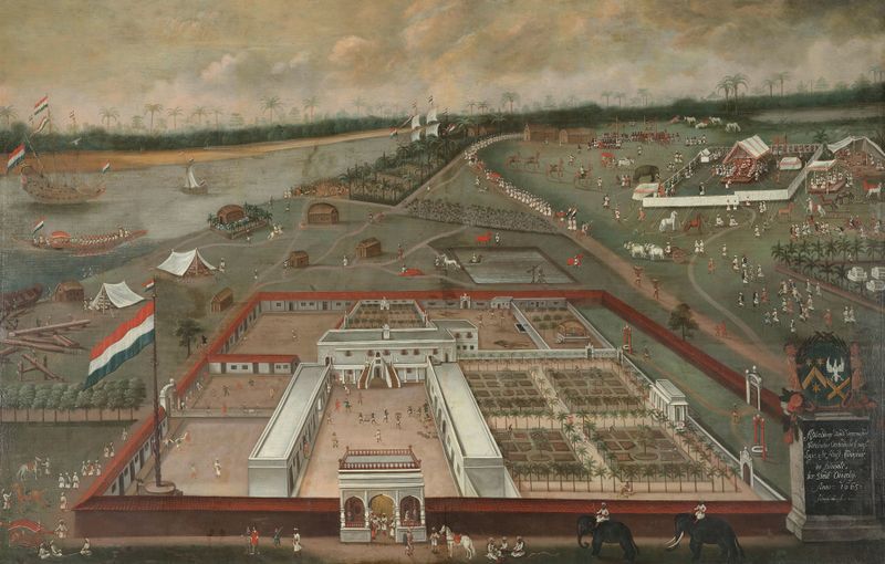 The Trading Post of the Dutch East India Company in Hooghly, Bengal by Hendrik van Schuylenburgh, oil painting.