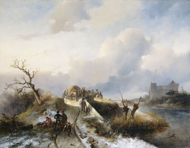 Return from the Hunt, oil on canvas by Charles Rochussen, depicting hunters in a sunlit forest.