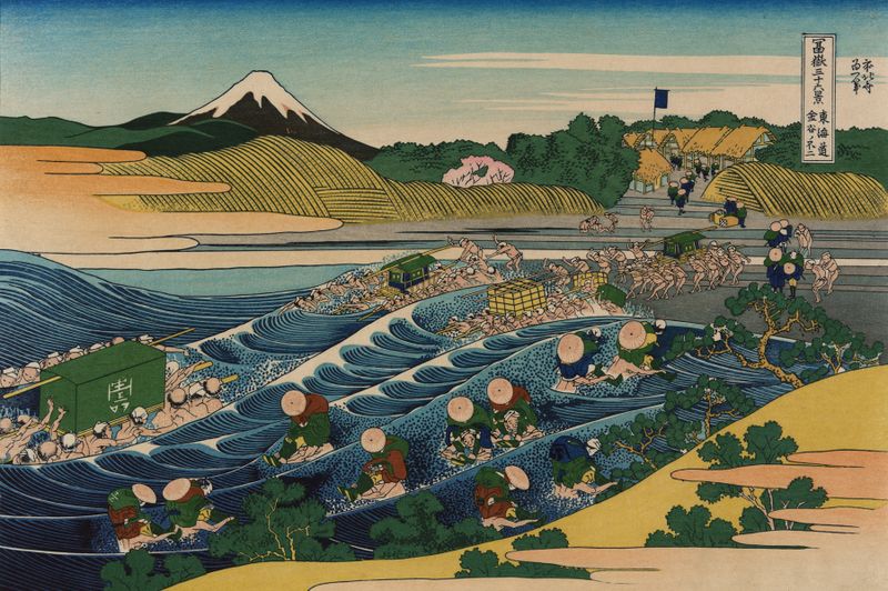 Ukiyo-e de Katsushika Hokusai retratando o Monte Fuji ao amanhecer