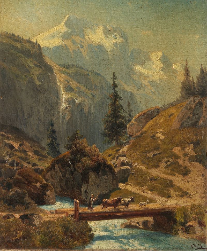 Paisaje de arroyo montañoso de Adolf Conrad Mosengel, óleo sobre lienzo