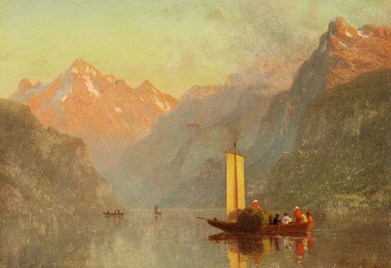Paisaje del Lago Lucerna de Albert Bierstadt, pintura al óleo que muestra montañas y reflejos al atardecer.