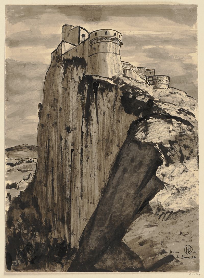 Rocca di San Leo de Hermann Lismann, óleo sobre lienzo que representa una fortaleza contra un vasto cielo.
