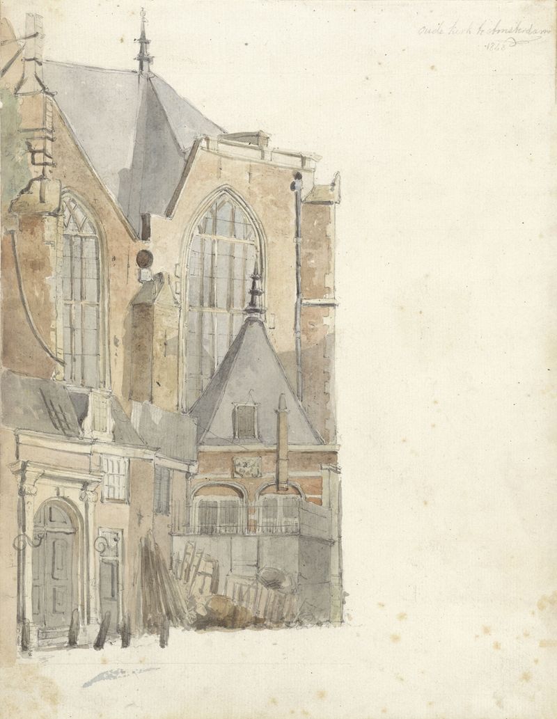 De Oude Kerk te Amsterdam by Johan Adolph Rust, oil on canvas depicting a gothic church with a spire.