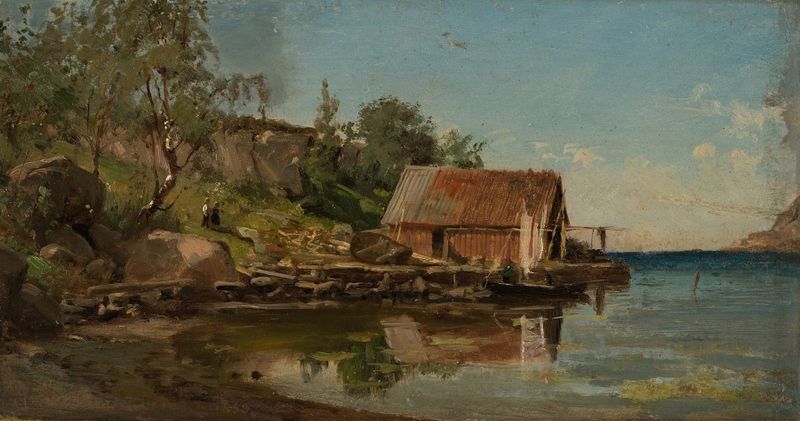 Fra Aaviken de Amaldus Nielsen, óleo sobre lienzo que muestra un paisaje tranquilo con colinas y agua.