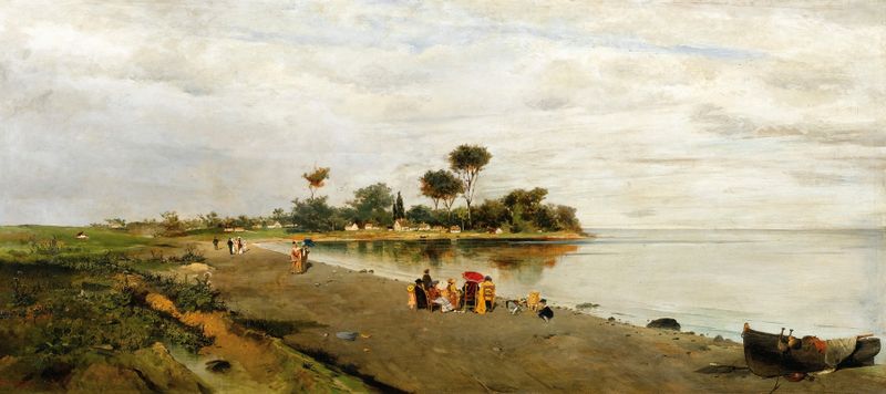 Elegant Figures At The Shore by Konstantinos Volanakis, oil painting depicting figures by the shoreline.