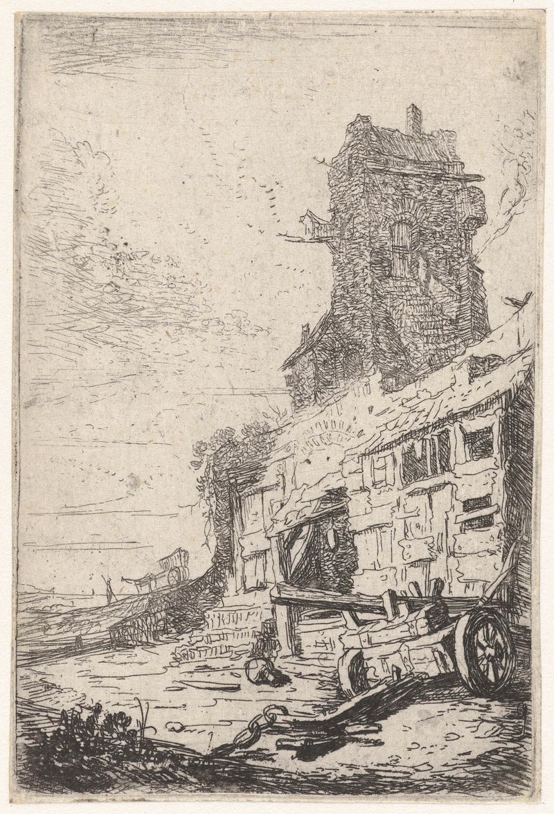 Gravura de Bartholomeus Breenbergh mostrando uma casa em ruínas em uma paisagem exuberante