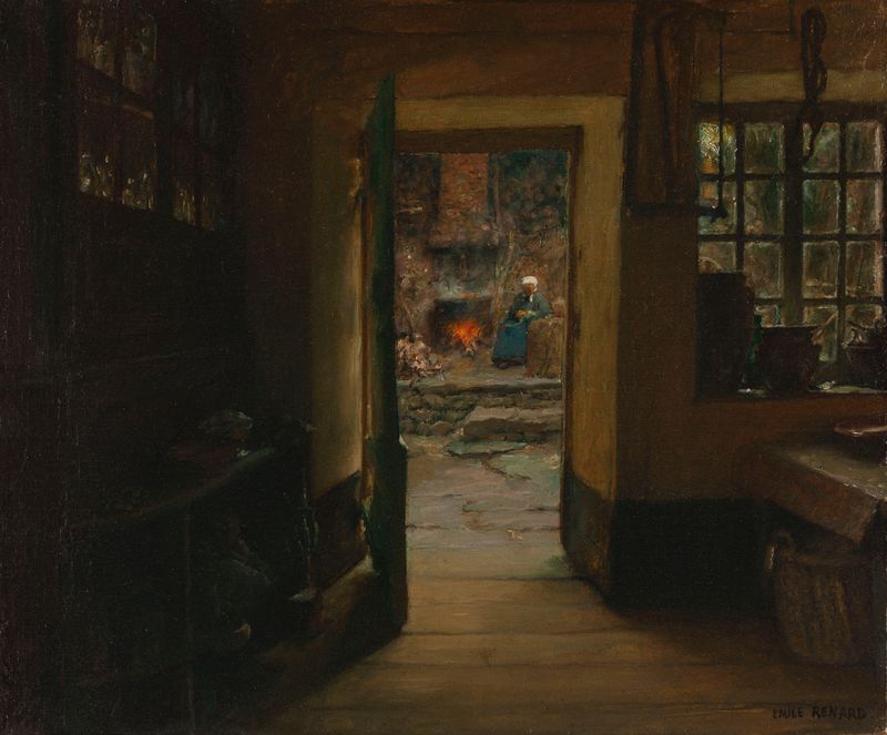 Cena interna com luz quente e uma mesa de madeira de Emile Renard