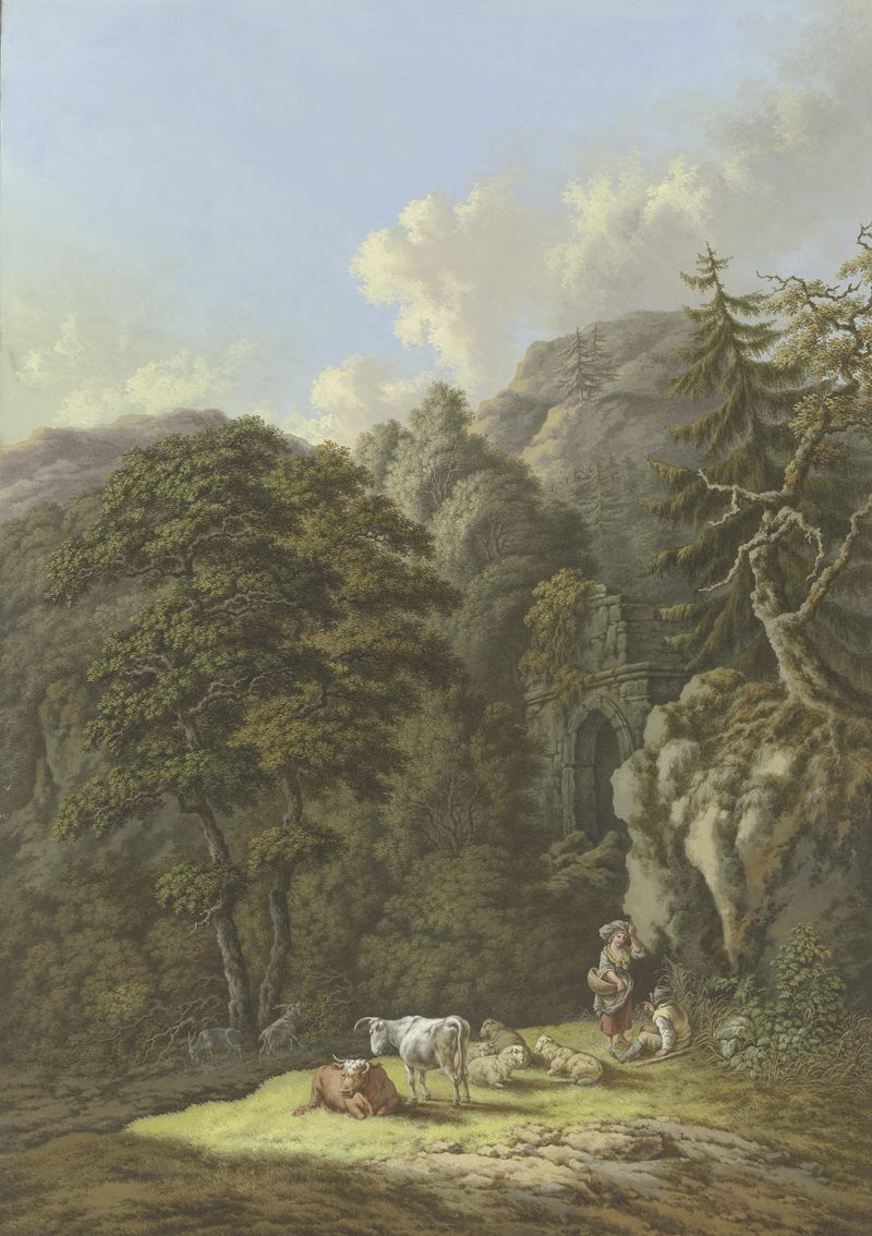 Waldige Berglandschaft mit einem alten Tor und einer Viehherde in einer Lichtung, oil on canvas by Karl Franz Kraul