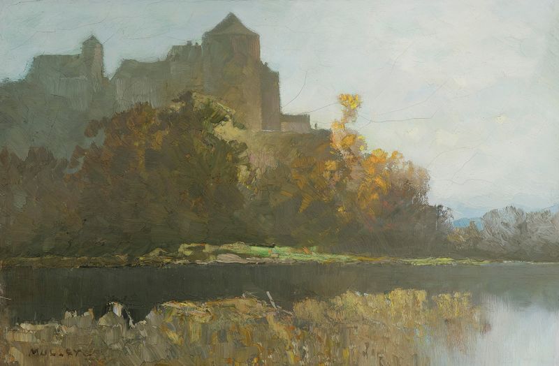 Twilight landscape featuring a fortress, oil painting by Oskar Mulley